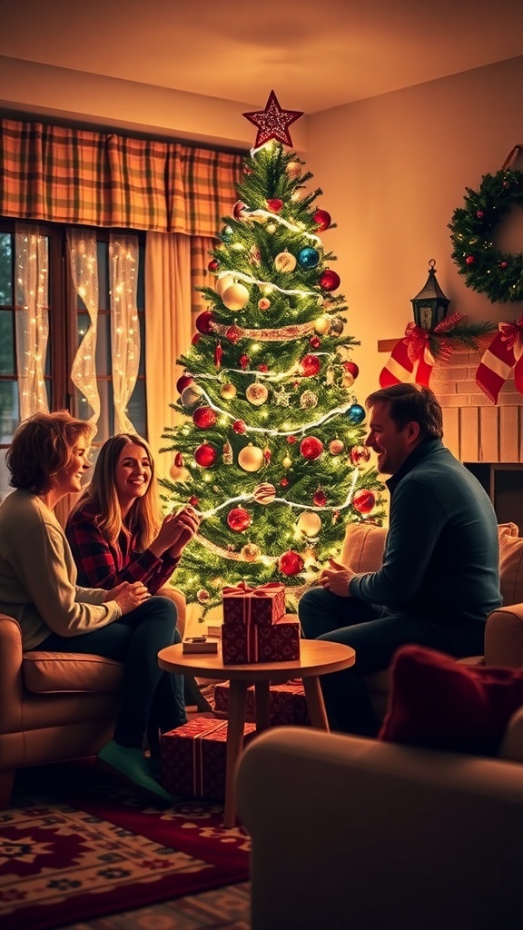 Heartwarming Christmas Quotes for Friends A warm gathering of friends celebrating Christmas around a decorated tree with gifts and lights.